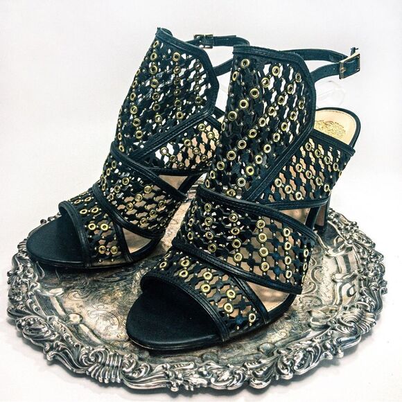 Vince Camuto Korthina Black Leather Lattice Gold Grommet Slingback Heels Sz 9.5M - Picture 12 of 12